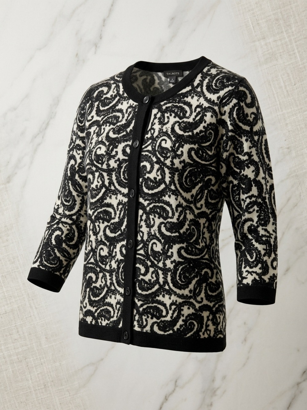 Talbots Merino Wool Black and White Paisley Cardigan Sweater SIZE Medium